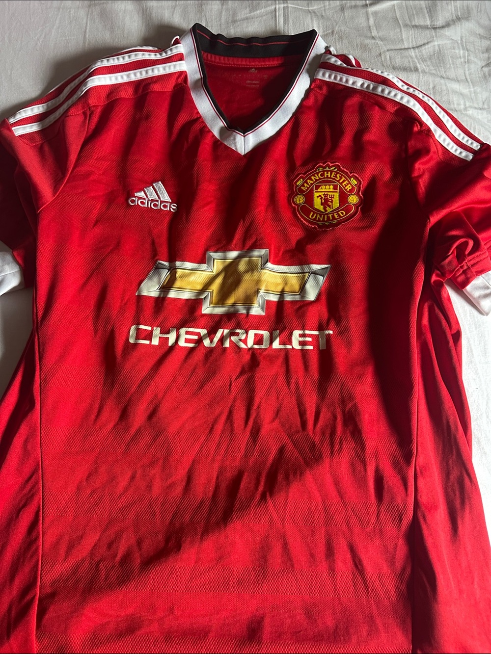 adidas Manchester United Red Soccer Jersey with White and Gold Accents